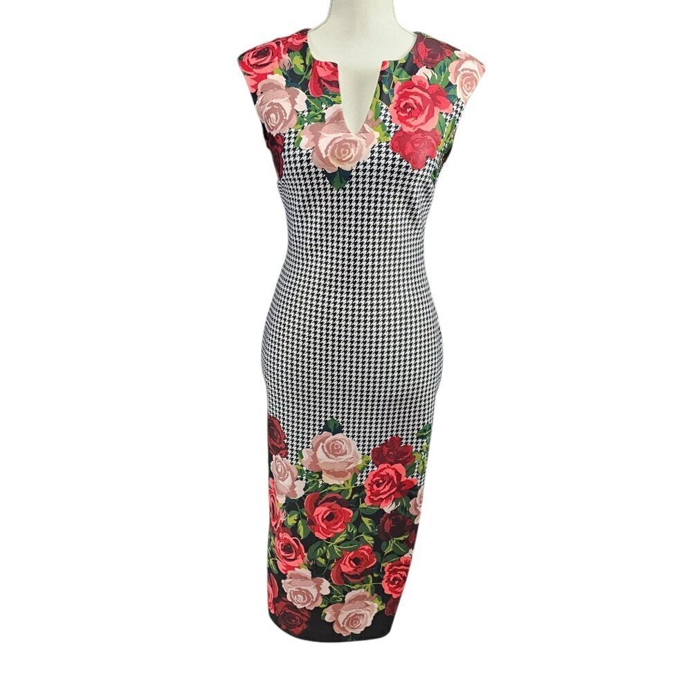 New York Company Hounds Tooth Floral Sleeveless Midi Sheath Dress